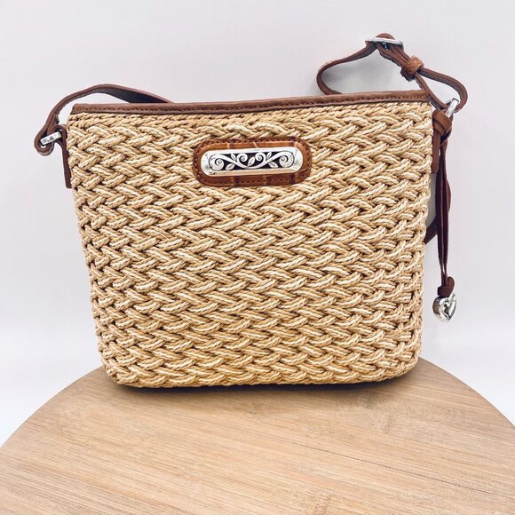 Brighton Crossbody Purse Womens M Tan Straw Leather Woven Messenger Boho - Picture 6 of 13